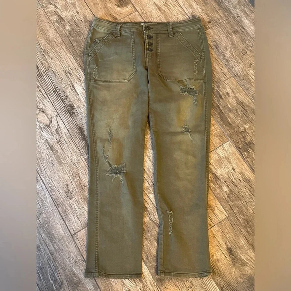 Free people olive green button fly distressed crop pants 4 - Picture 1 of 9